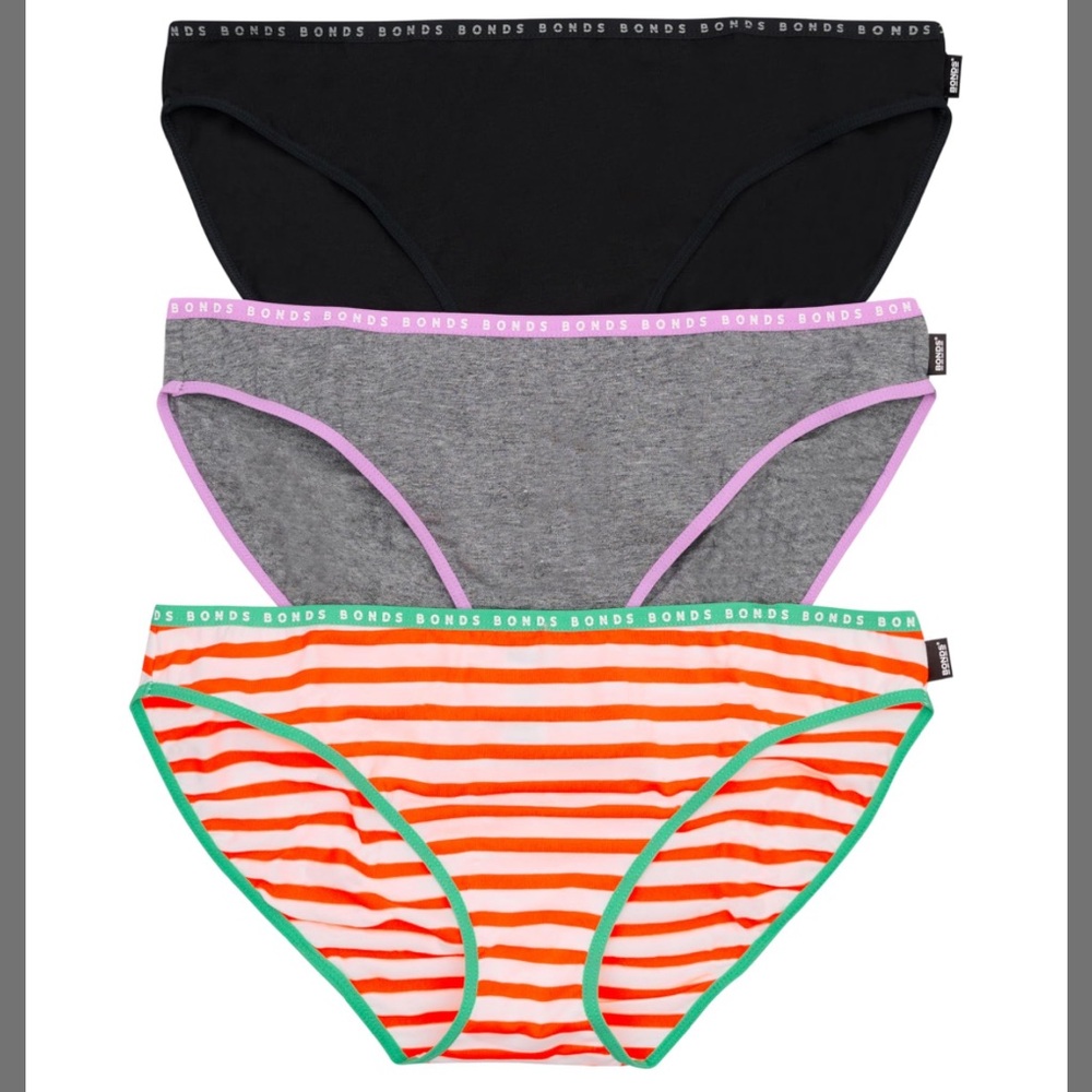 Bonds 3-Pack Cotton Hipster Panties Underwear Black Grey Orange Stripe NWT Sz. M